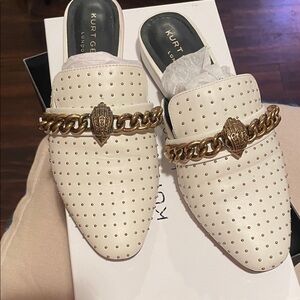 Kurt Geiger Cream and Gold Studded Mules